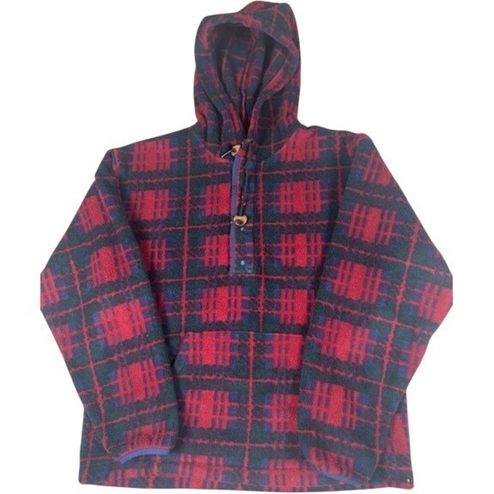 LL Bean Fleece Hoodie Mens M Red Navy Plaid Vintage Snap T Pullover Gorpcore